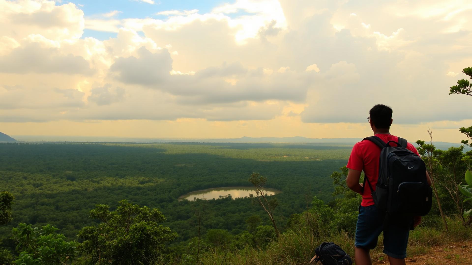 Trekker looking out over Lunugamvehera reservoir