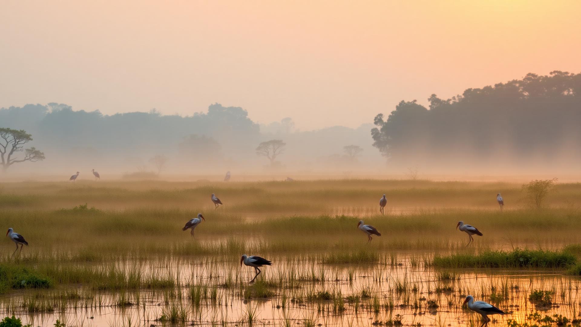 Painted storks wading in misty Tissamaharama wetlands at sunrise