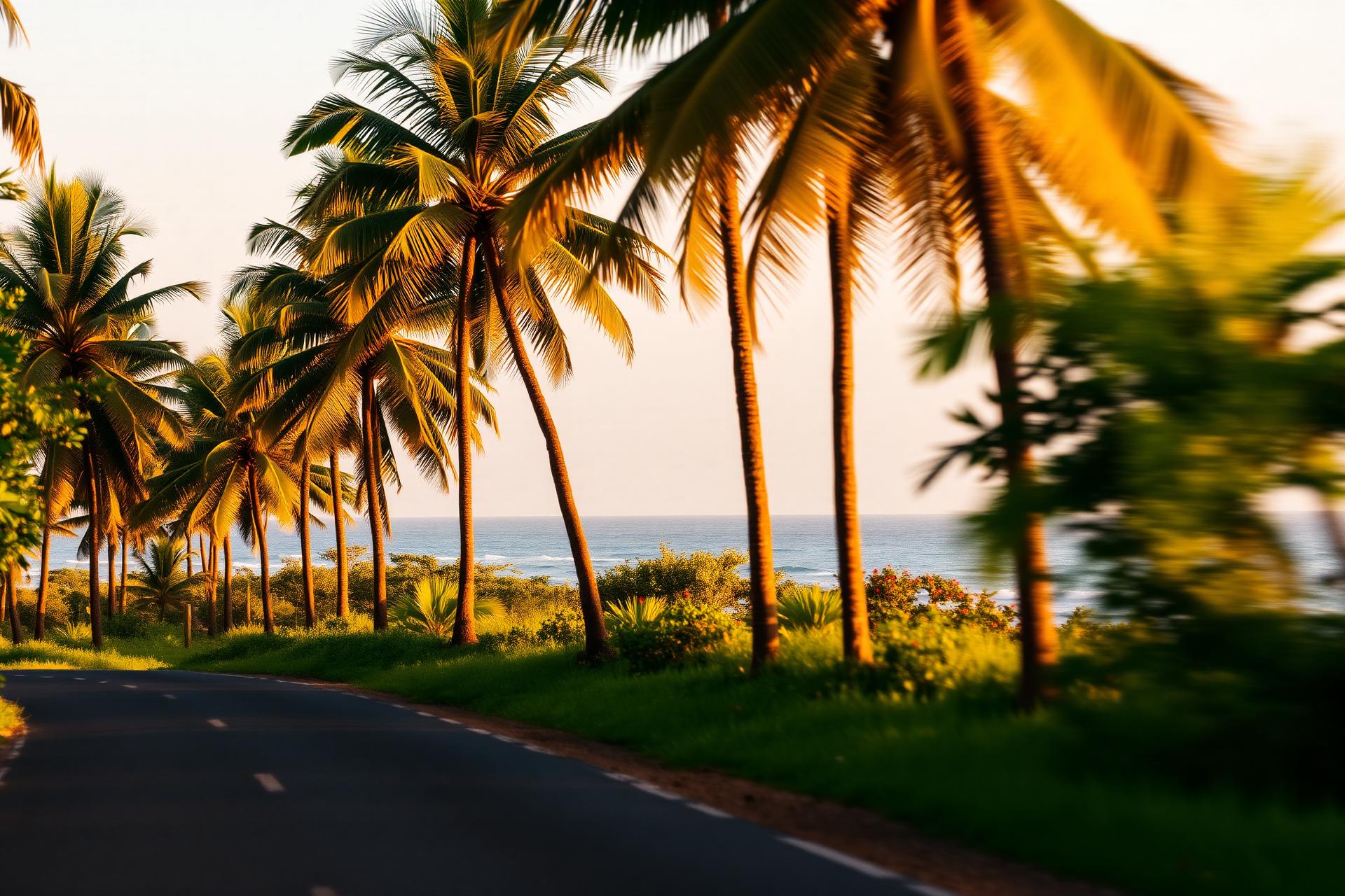 Coastal road lined with palm trees in southern Sri Lanka at golden hour